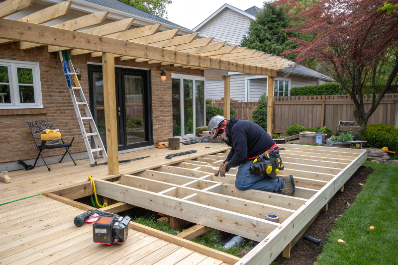 Professional deck builders installing timber frame structure in Canberra