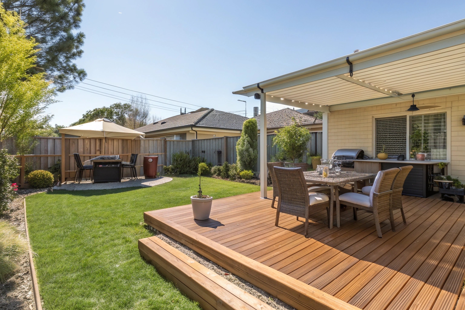 a-beautiful-treated-pine-deck-in-a-canberra-backya Treated pine decking Canberra backyard with outdoor furniture and BBQ area