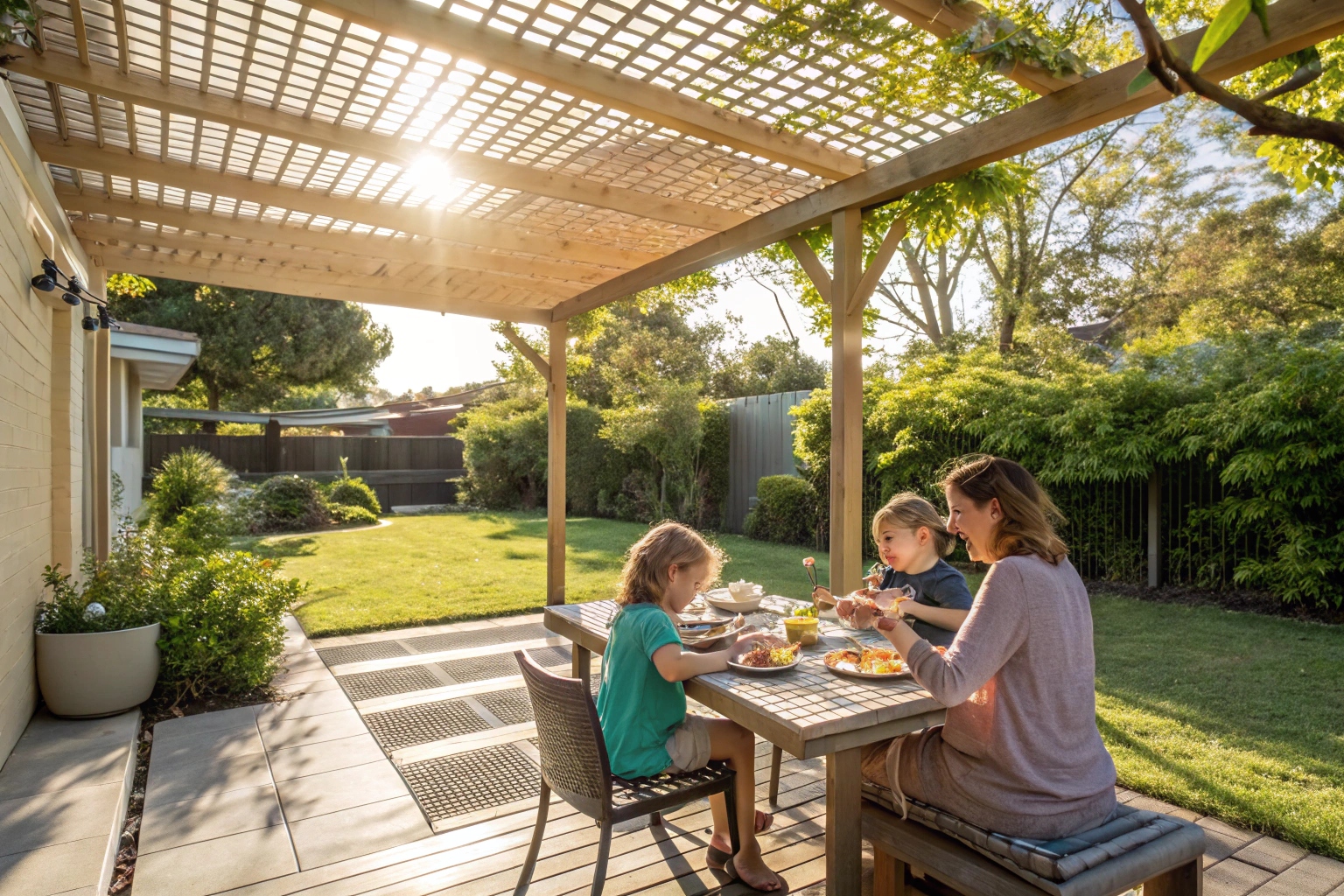 a-family-enjoying-lunch-under-a-timber-pergola-in- Family dining under timber pergola in Canberra backyard with natural shade