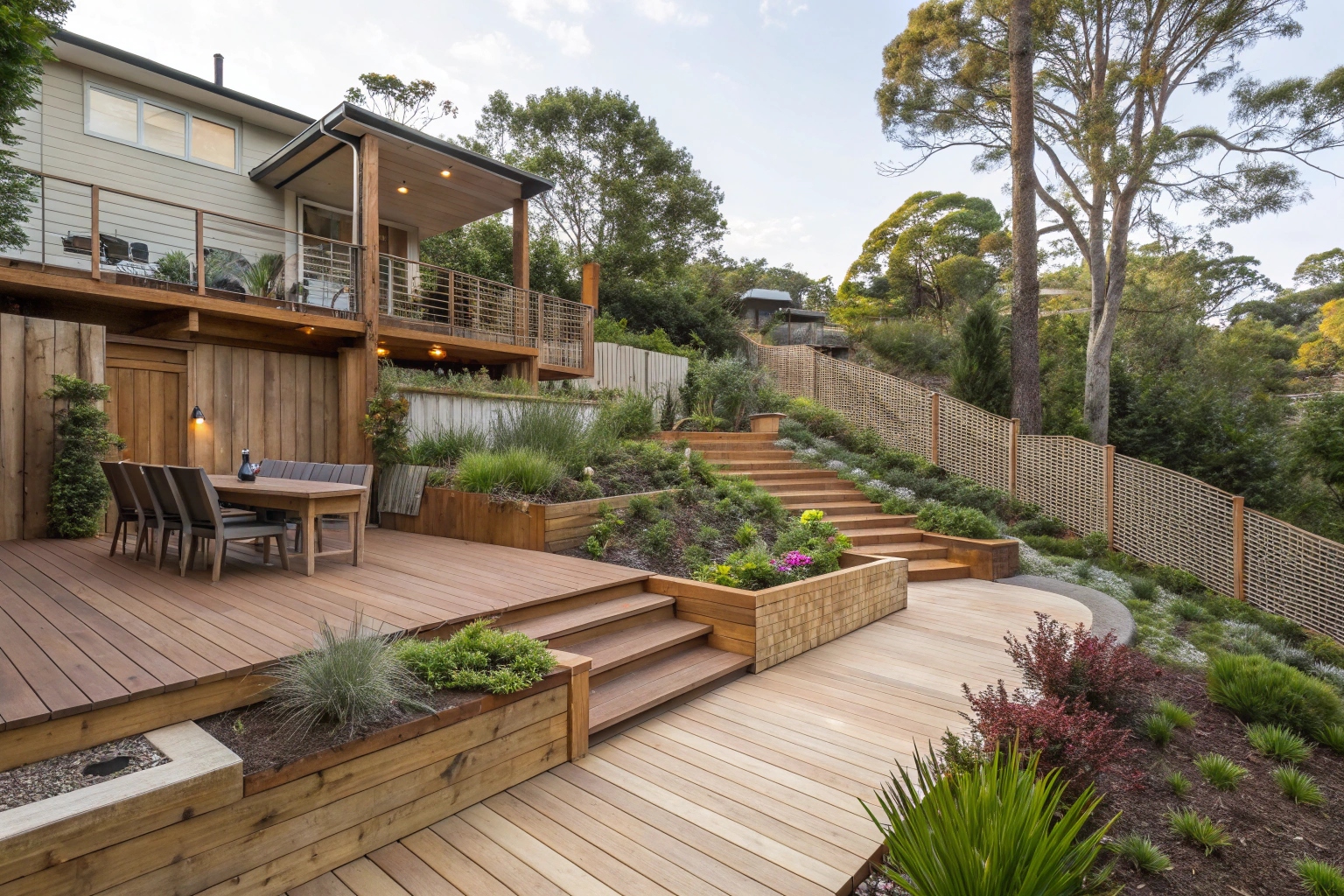 Multi-level timber deck design on sloping Canberra block with custom features