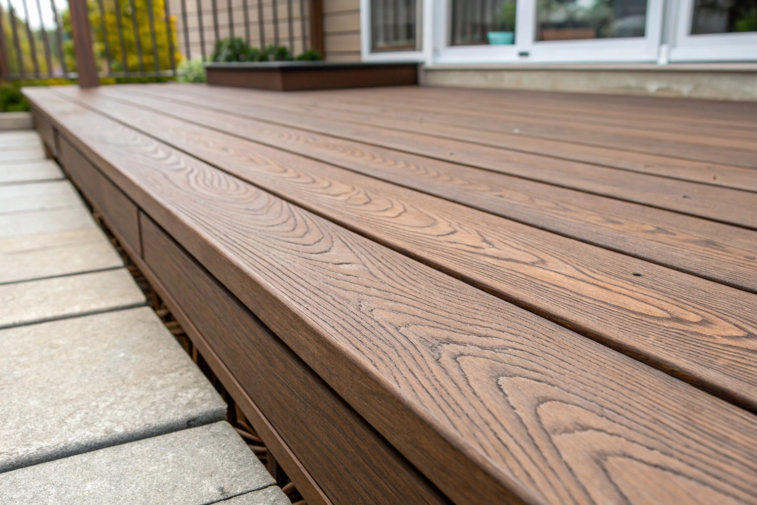 Close-up of ModWood composite decking boards showing natural timber grain texture