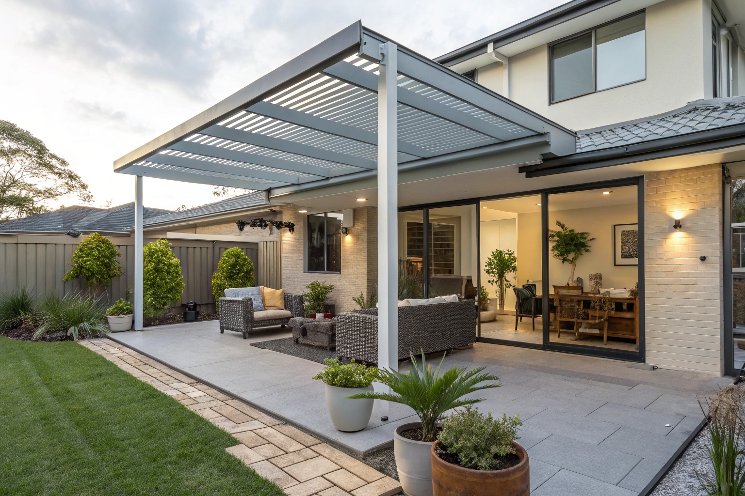 Modern aluminium pergola attached to Canberra home creating outdoor entertaining area