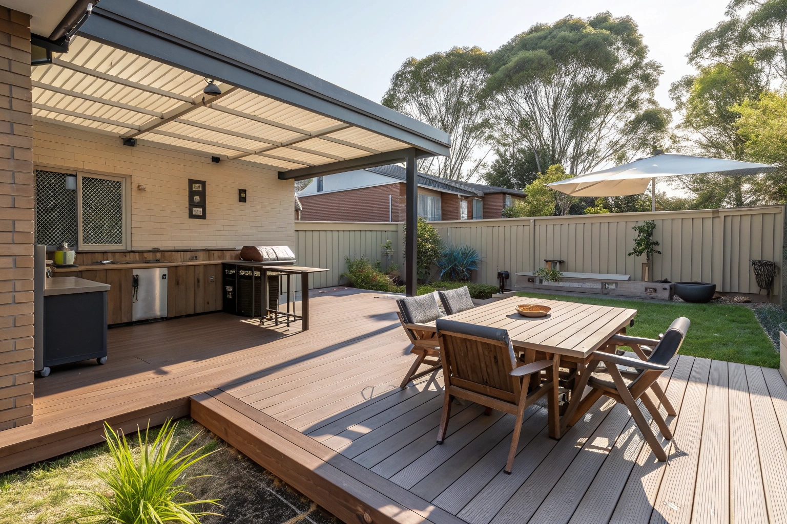 modern-composite-deck-in-australian-backyard-with- ModWood composite deck installation in Canberra backyard with outdoor furniture