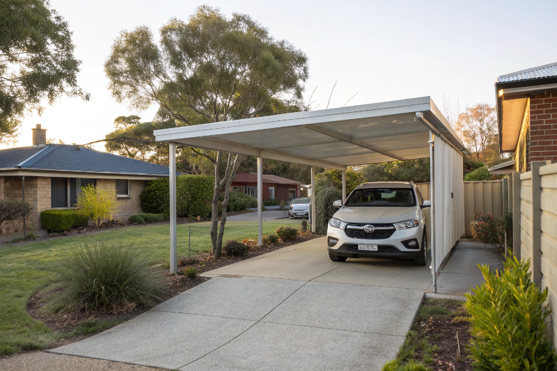 Single freestanding steel carport in Canberra suburban driveway with car parked underneath showing everyday practical use