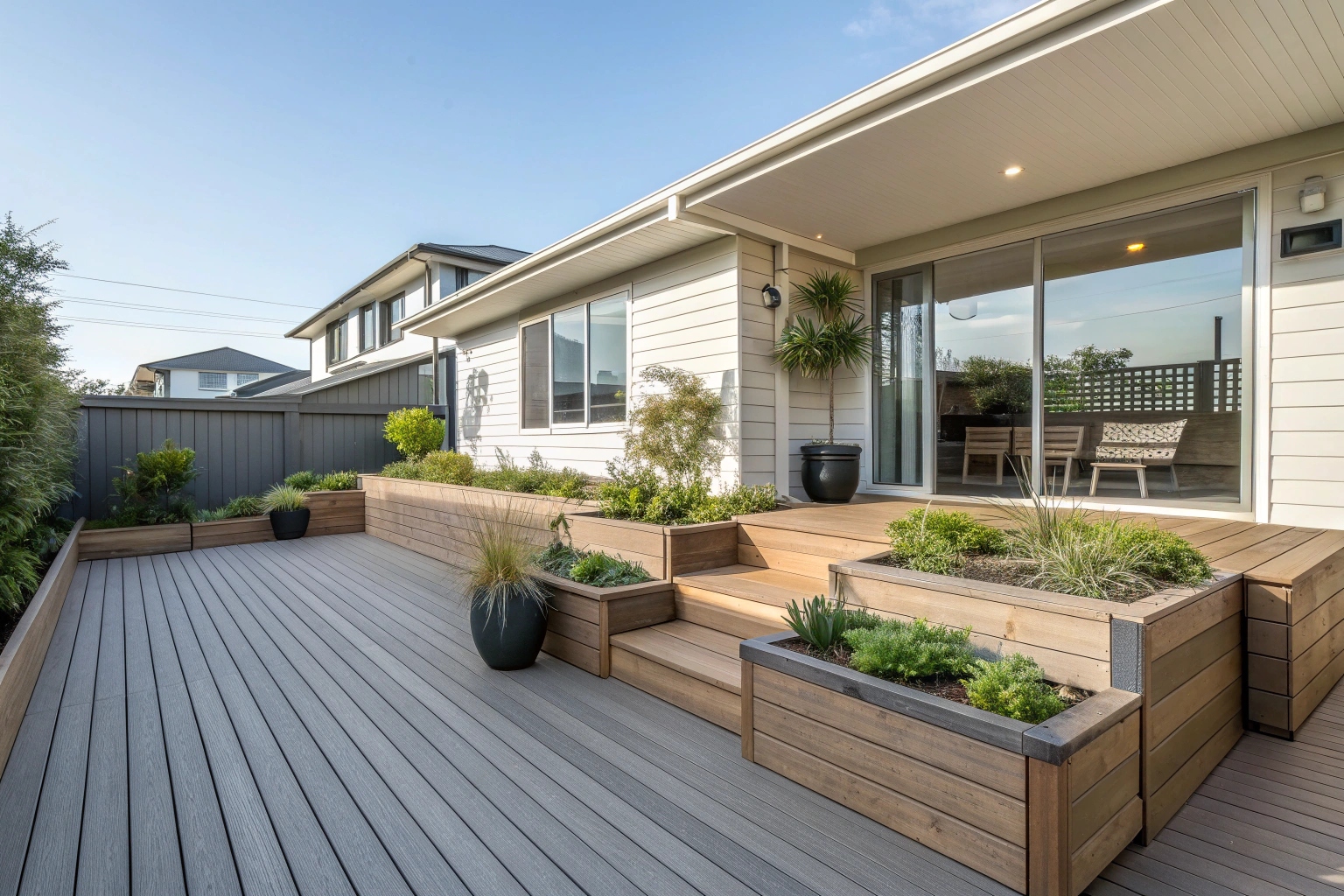 Large ModWood deck installation with built-in seating in Canberra home
