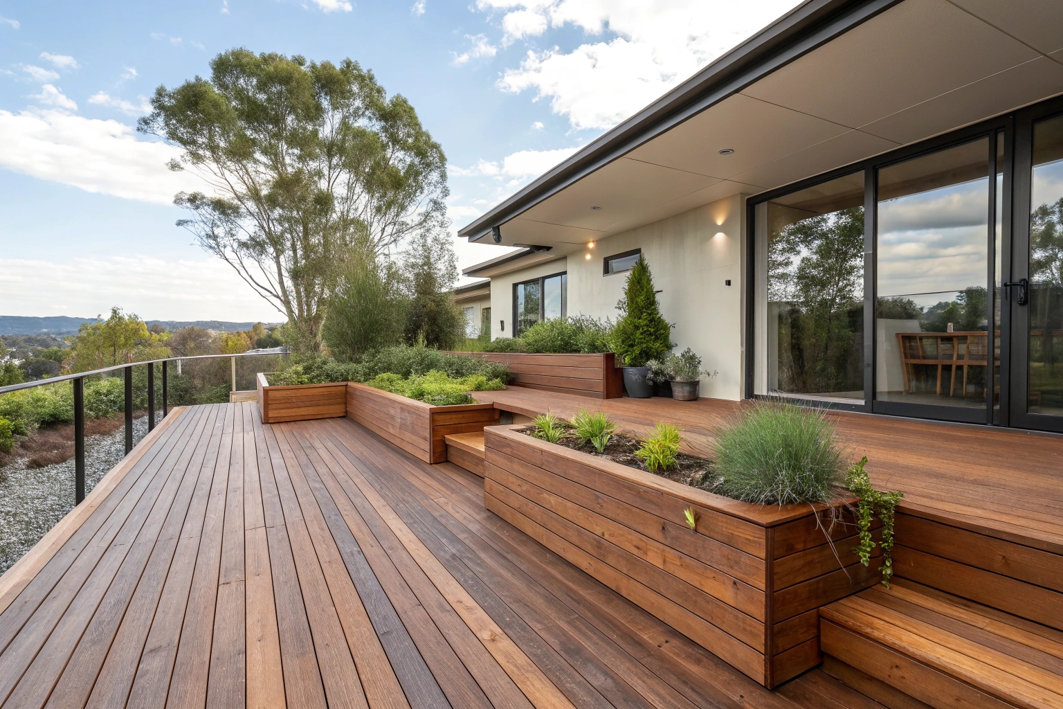 Affordable treated pine deck installation with built-in seating at Canberra home