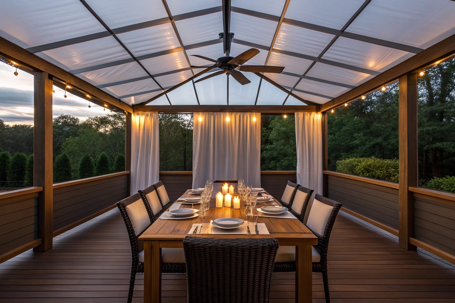 Polycarbonate patio cover with natural lighting and outdoor dining setup in Canberra