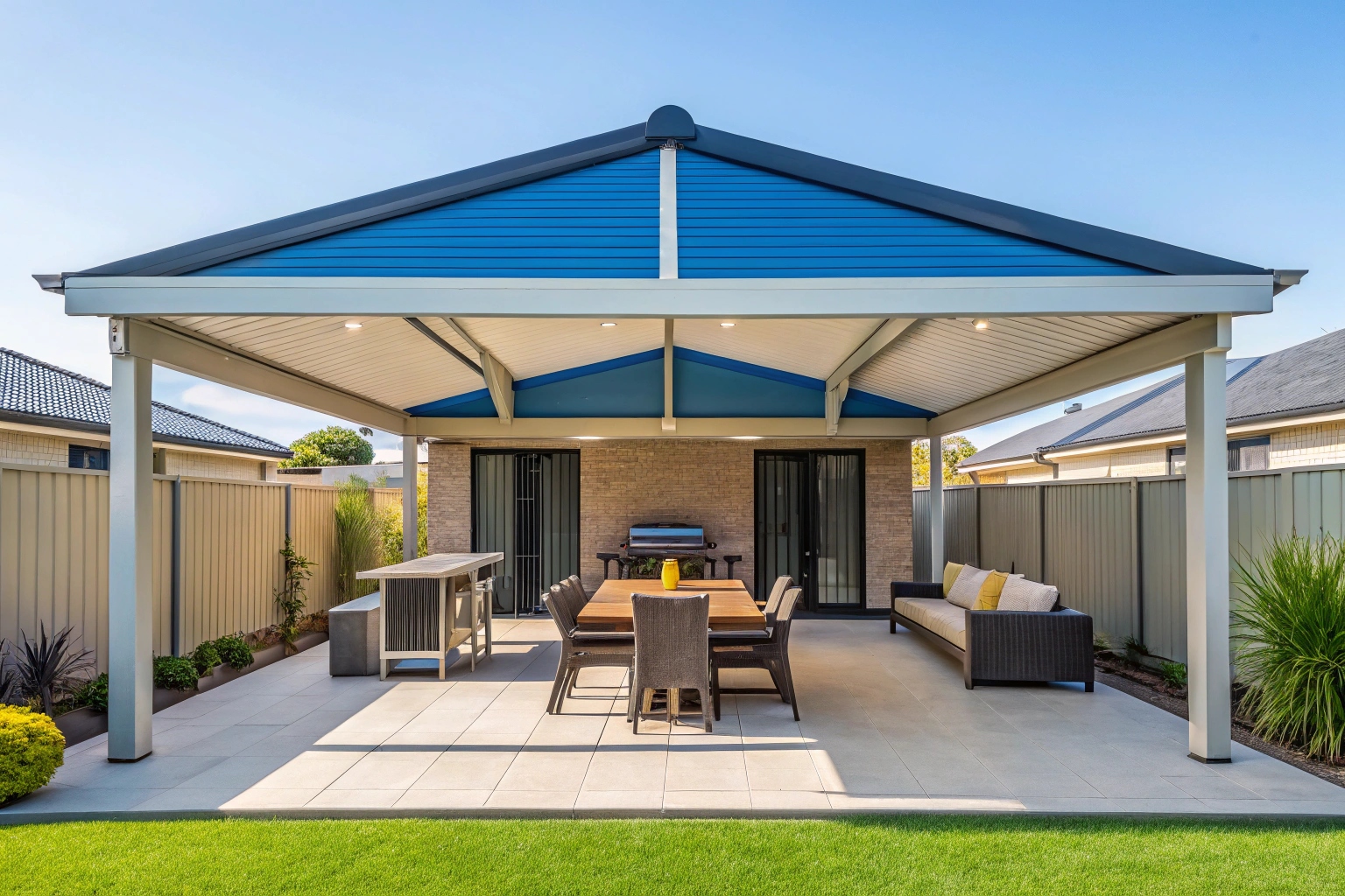 a-modern-australian-suburban-home-with-a-stylish-c Modern patio cover installation on Canberra home with outdoor furniture and BBQ area