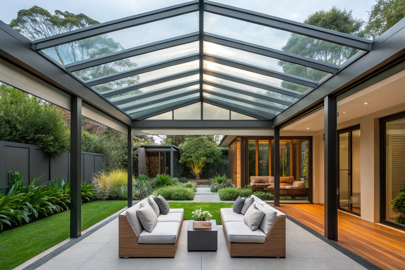 Premium glass patio cover creating extended living space on Australian home