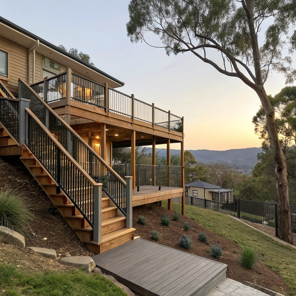 Elevated deck construction on sloping Lyneham block showing multi-level design and engineering