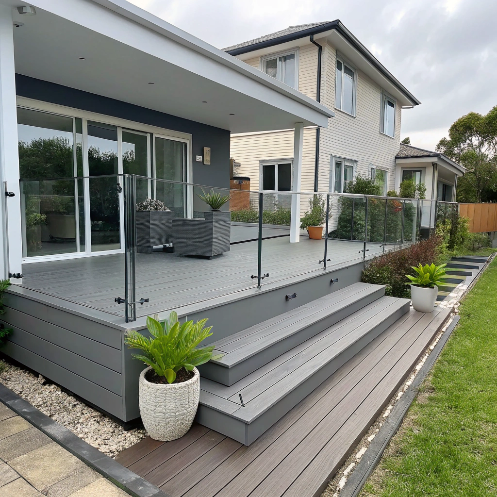 Low-maintenance composite deck with glass balustrades at renovated Downer property