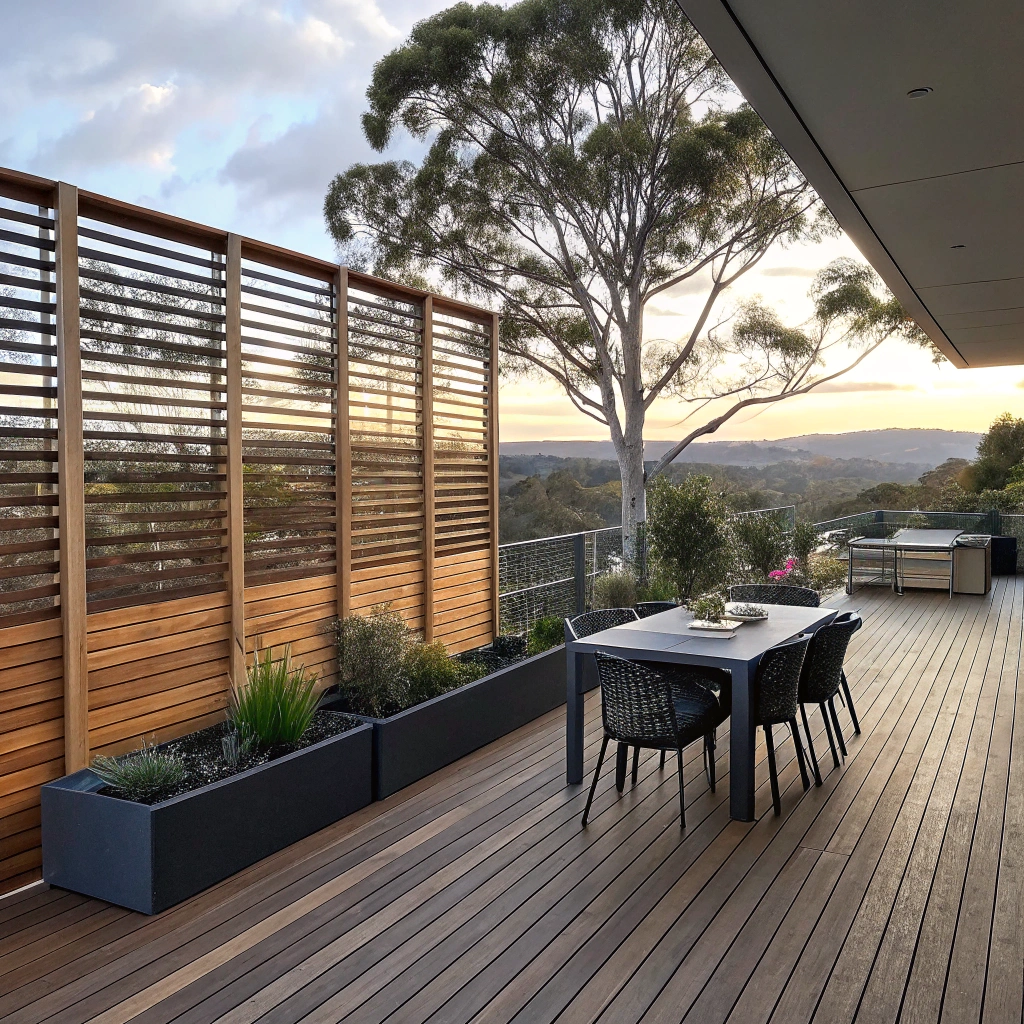 Elevated deck in Hackett with timber privacy screens and suburban views