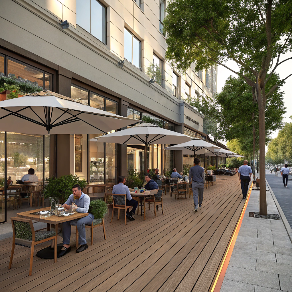 Commercial decking for outdoor dining at Dickson café with customers enjoying alfresco seating