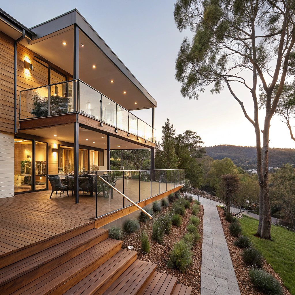 Elevated timber deck in Hackett with Mount Majura views and glass balustrades