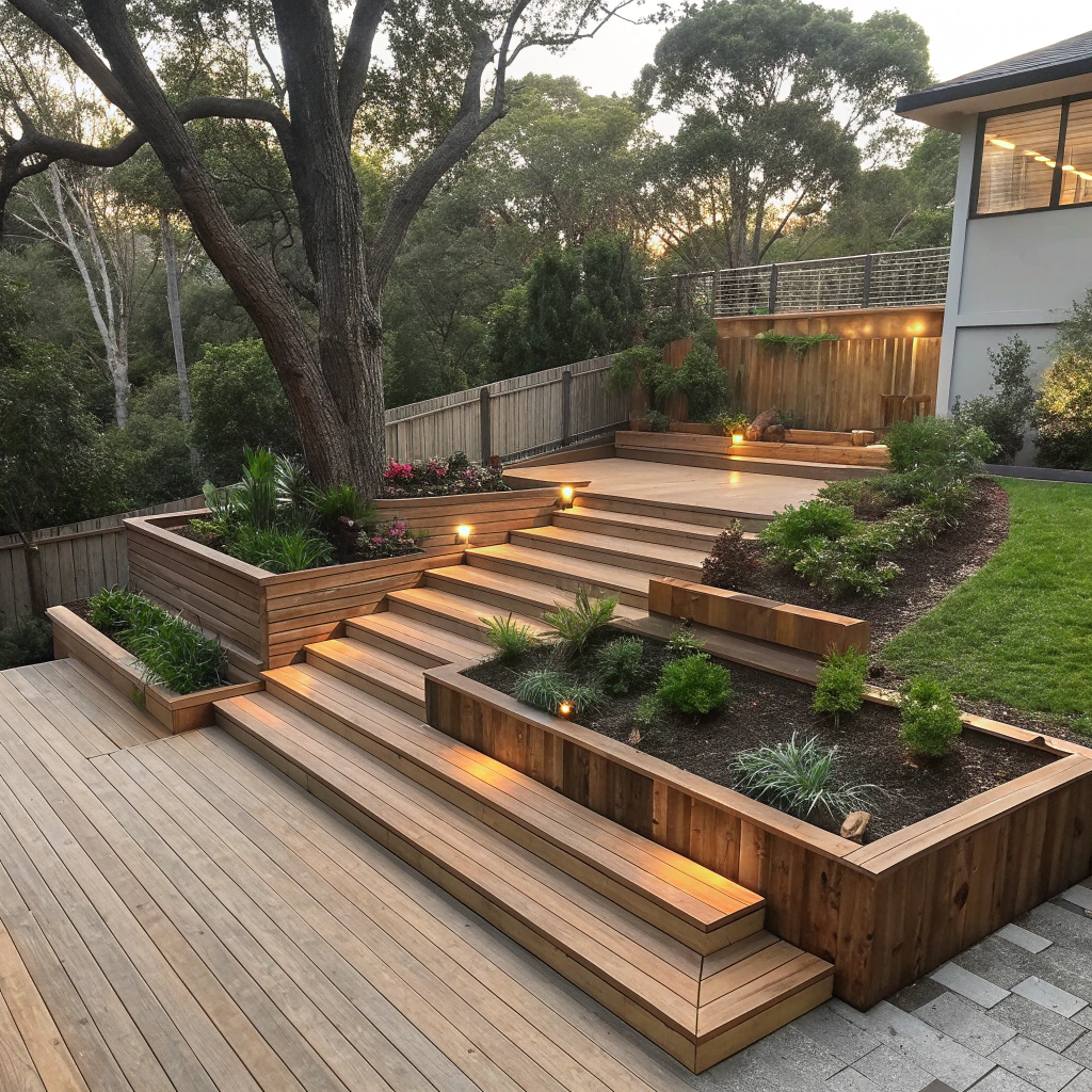 Multi level timber deck design on sloping Dickson property with stairs and platforms