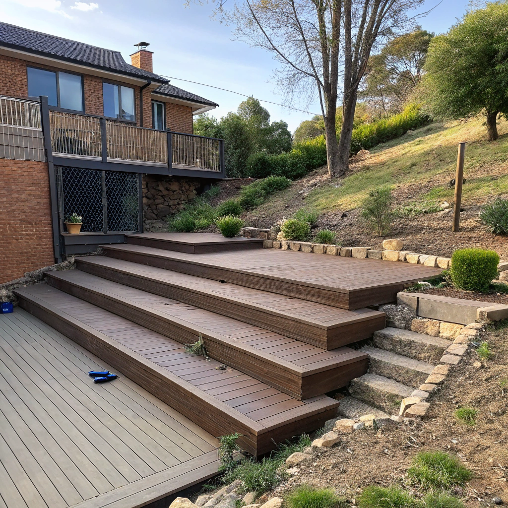 Multi-level composite deck on sloping Hackett property with integrated landscaping