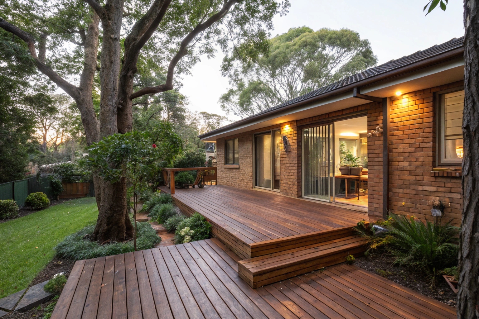 Timber deck attached to a brick home in Torrens ACT with mature garden