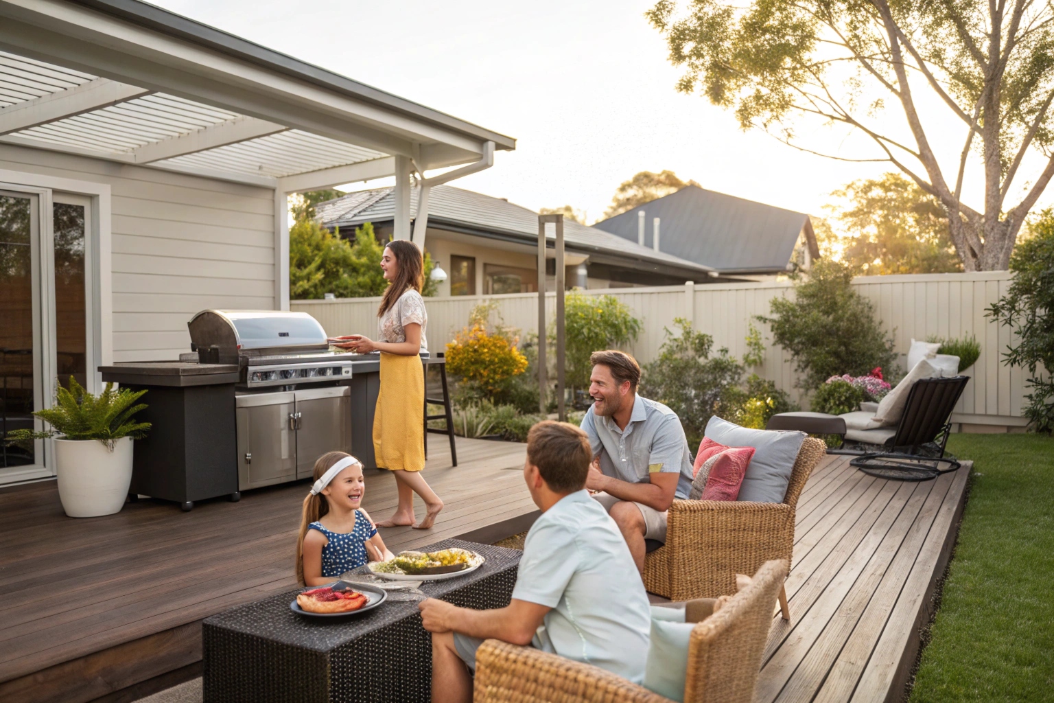 Family entertaining on composite deck in Torrens Woden Valley backyard