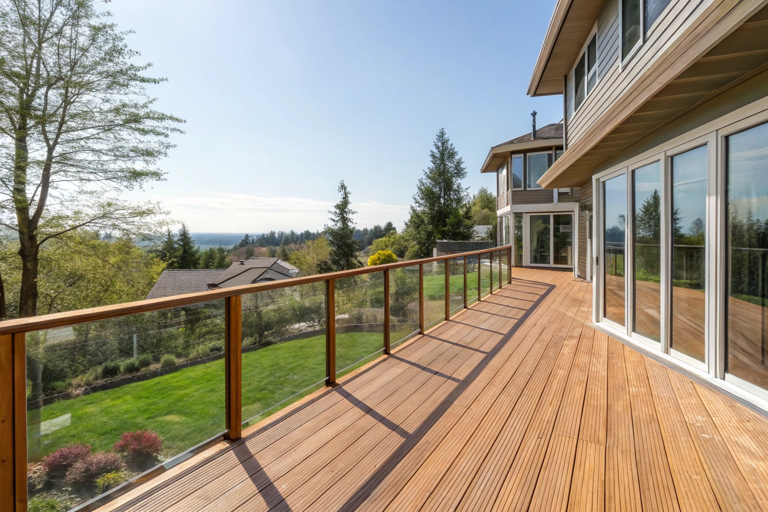 Elevated timber deck with glass balustrade on a sloping block in Googong